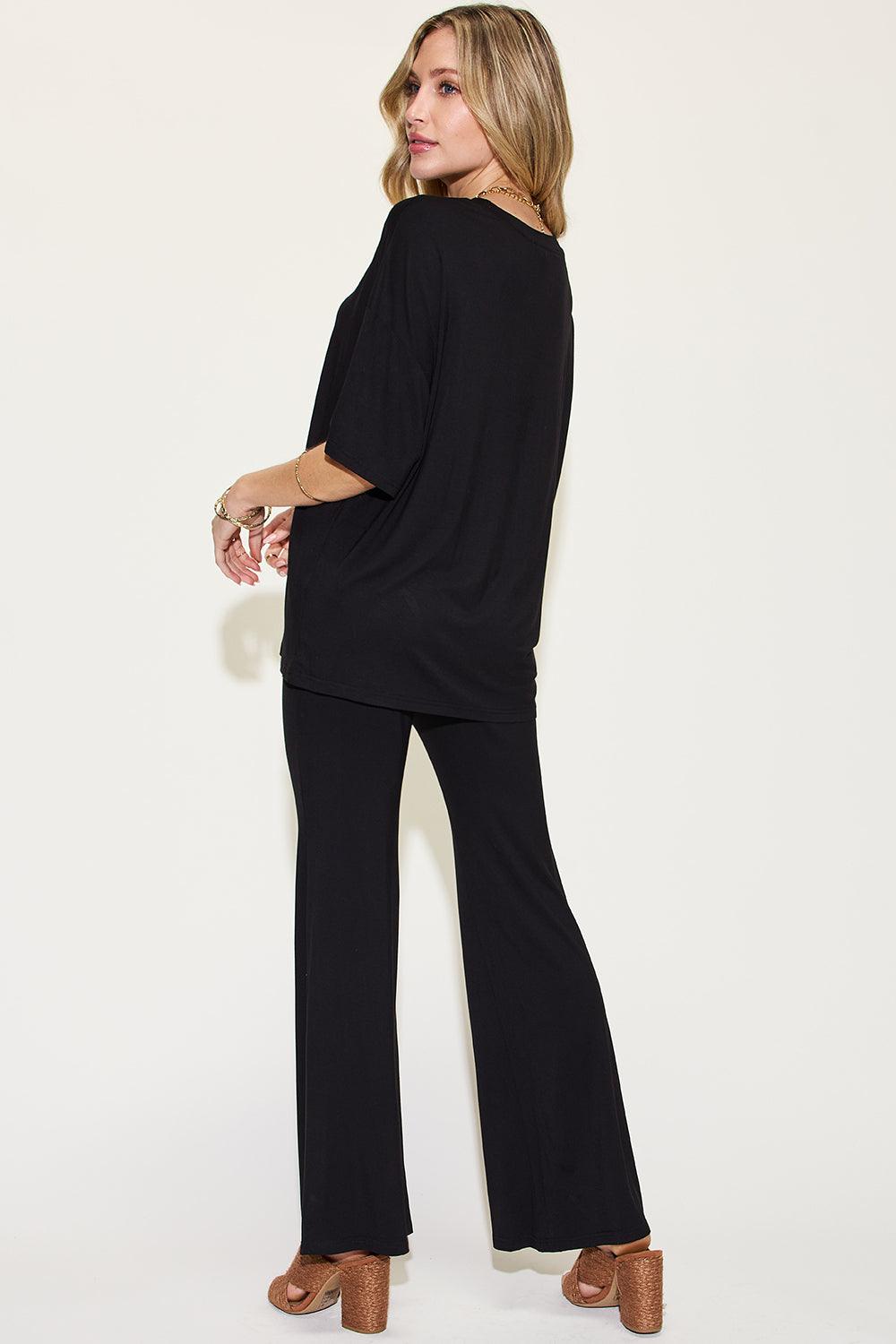 Basic Bae Full Size Bamboo Drop Shoulder T-Shirt and Flare Pants Set Carauana Store