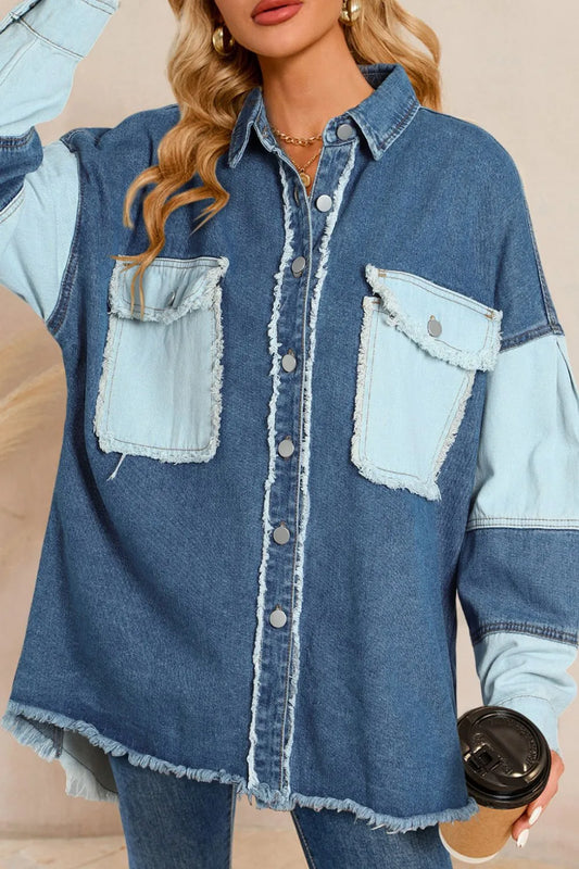 Raw Hem Color Block Denim Jacket Carauana Store