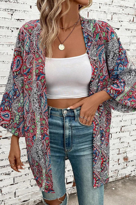 Printed Open Front Long Sleeve Cover Up Carauana Store