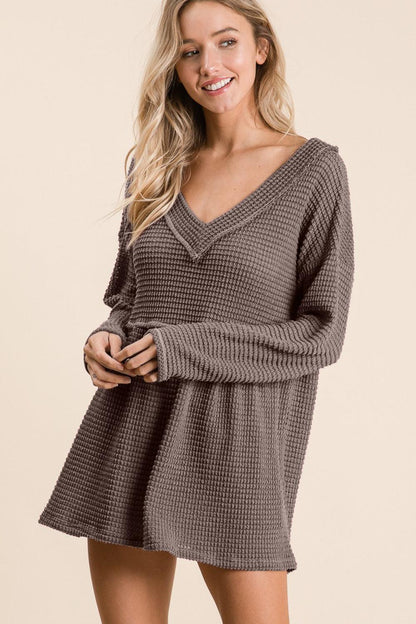 BiBi Waffle Knit V-Neck Babydoll Blouse Carauana Store