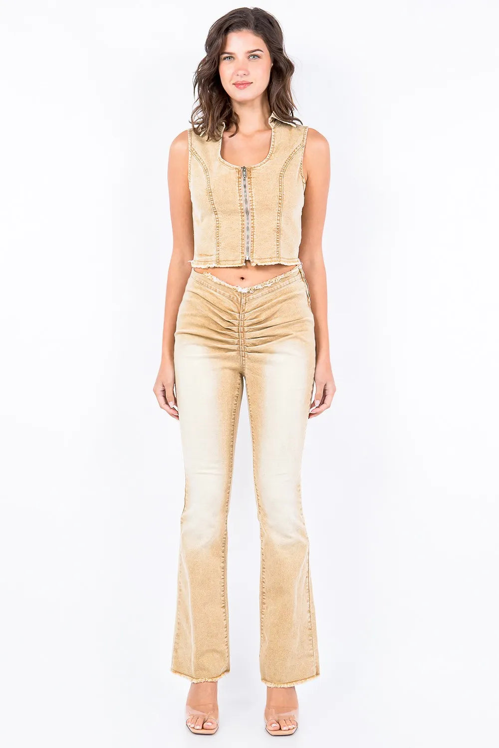 American Bazi V-Cut Ruched Flare Pants Carauana Store