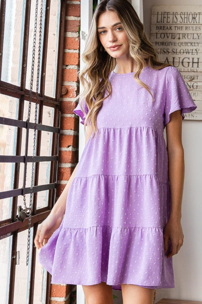 Heimish Full Size Swiss Dot Short Sleeve Tiered Dress Carauana Store