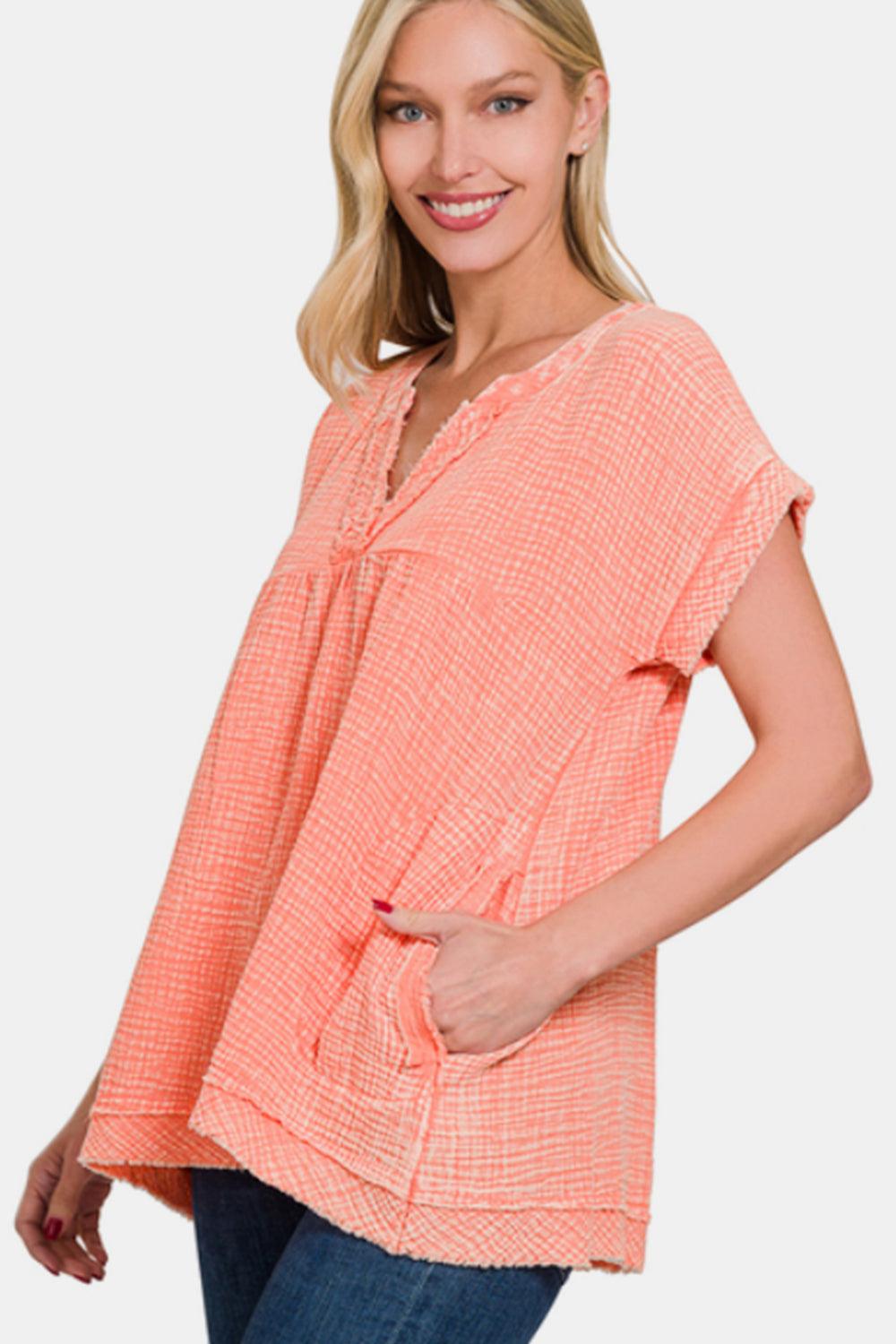 Zenana Washed Raw Hem Short Sleeve Blouse with Pockets Carauana Store