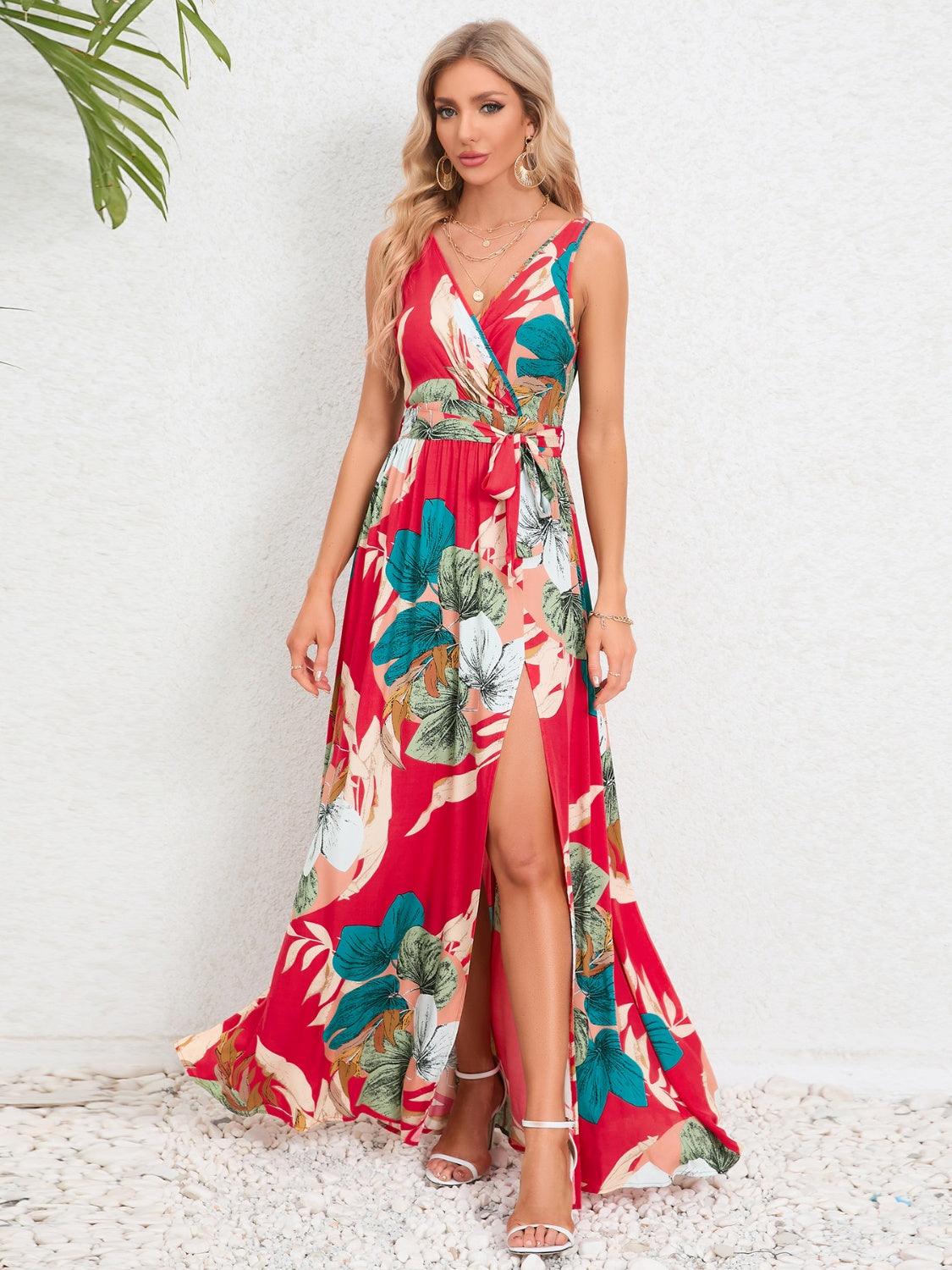 Slit Tied Printed Surplice Dress Carauana Store