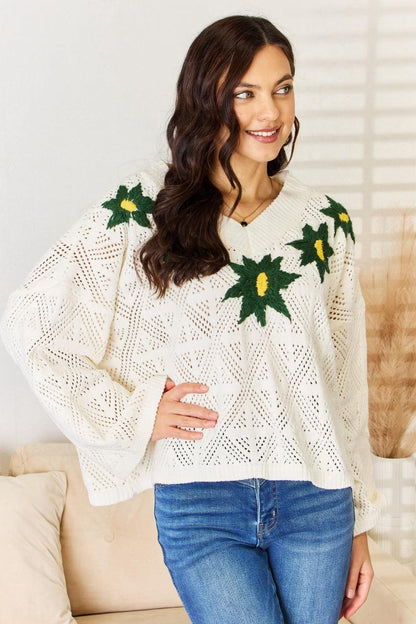 POL Floral Embroidered Pattern V-Neck Sweater Carauana Store