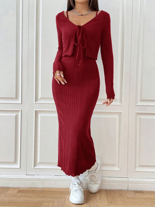 Cami Dress and Tied Long Sleeve Cardigan Set Carauana Store