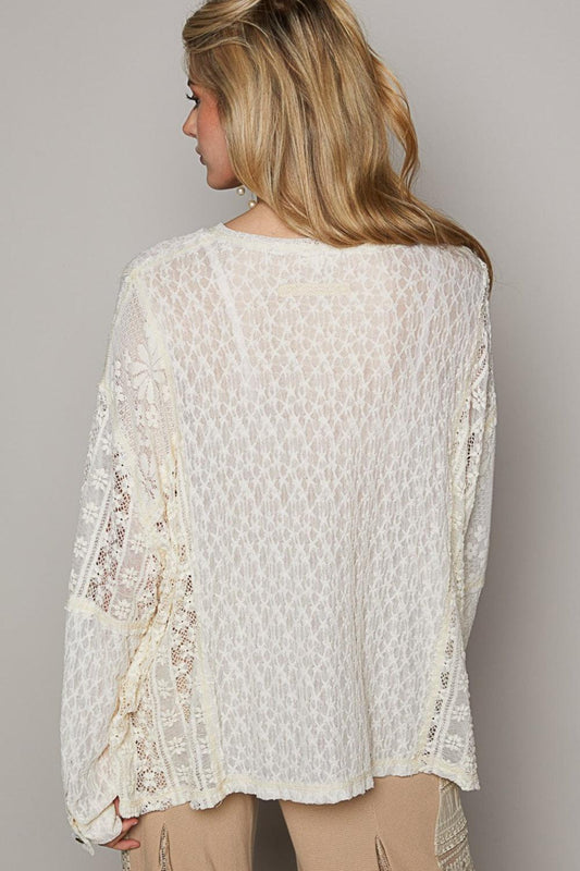 POL Round Neck Long Sleeve Raw Edge Lace Top Carauana Store