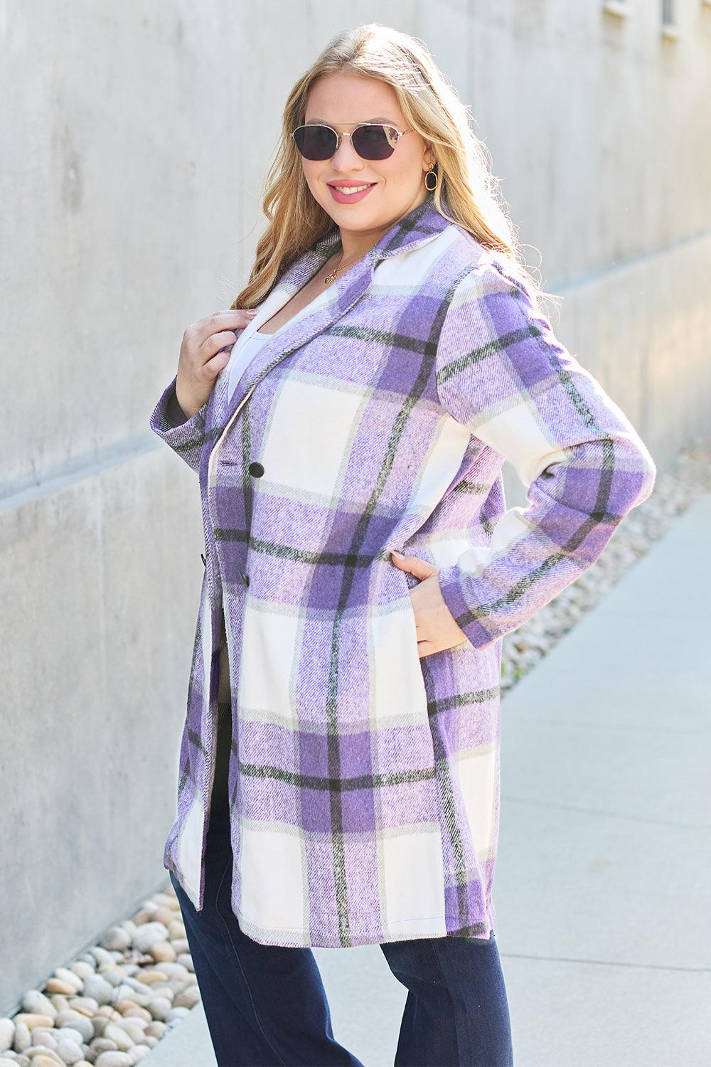 Double Take Full Size Plaid Button Up Lapel Collar Coat Carauana Store