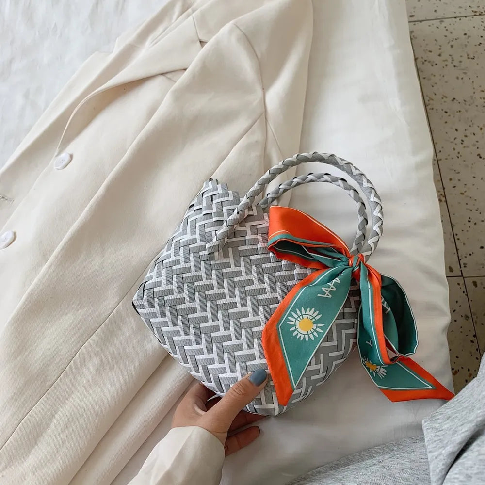 Contrast Woven Handbag with Ribbon Carauana Store