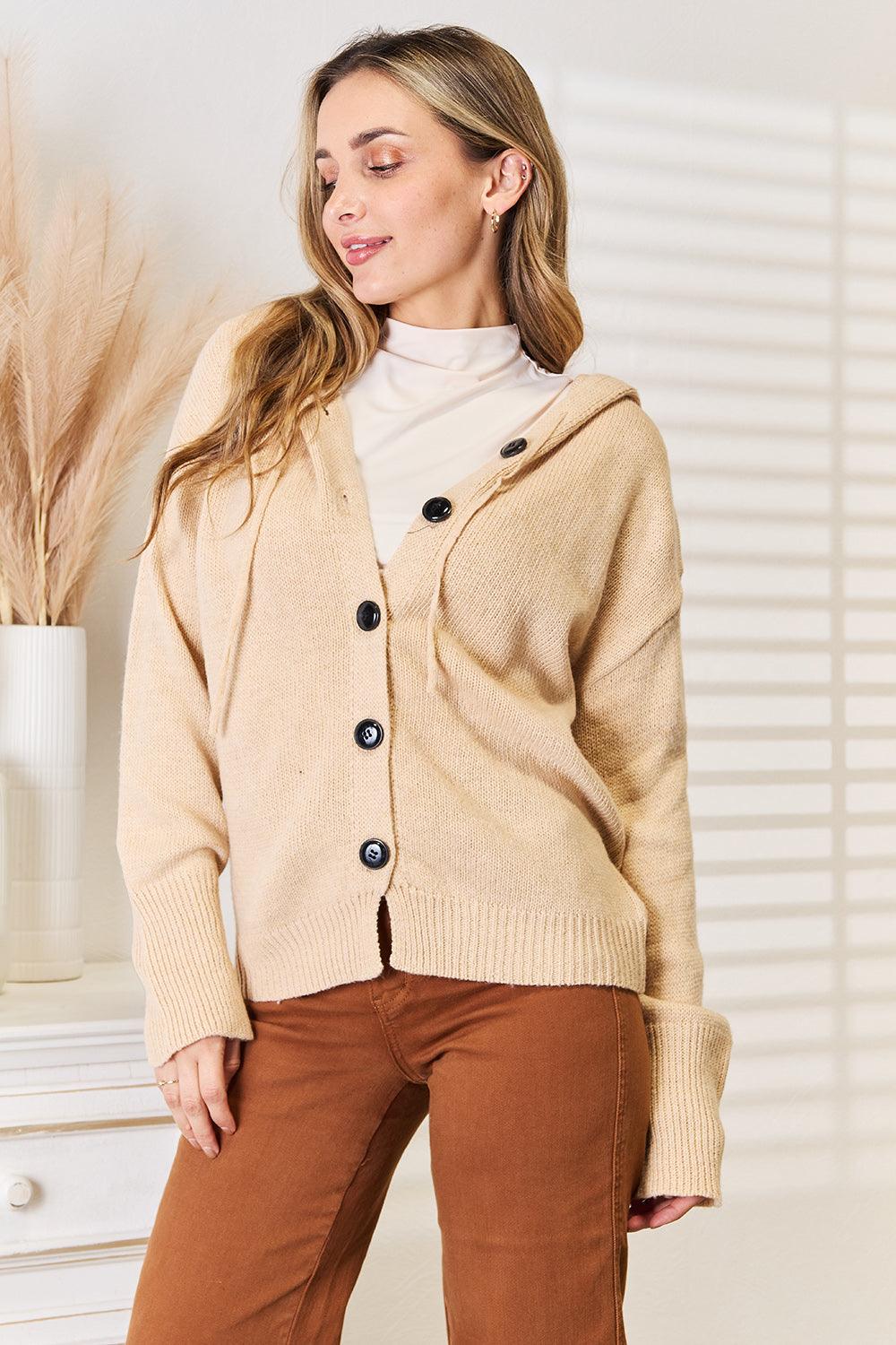Woven Right Button-Down Long Sleeve Hooded Sweater Carauana Store
