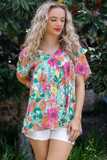 Multicolor Floral Print Short Sleeve Babydoll Blouse