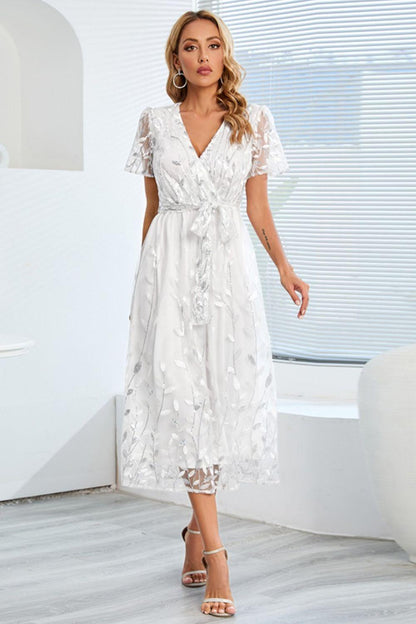Sequin Leaf Embroidery Tie Front Short Sleeve Dress Carauana Store