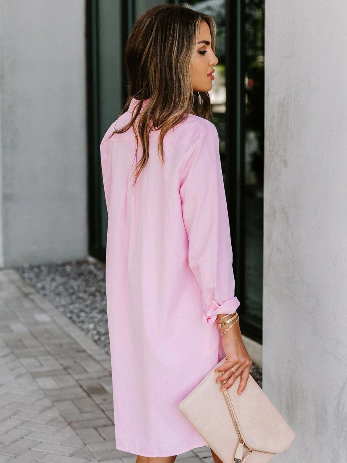 Button Up Collared Neck Long Sleeve Shirt Dress Carauana Store