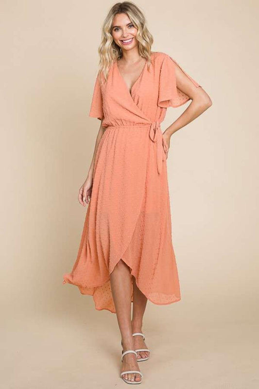 Culture Code Full Size Swiss Dot Tied Slit Short Sleeve Dress Carauana Store