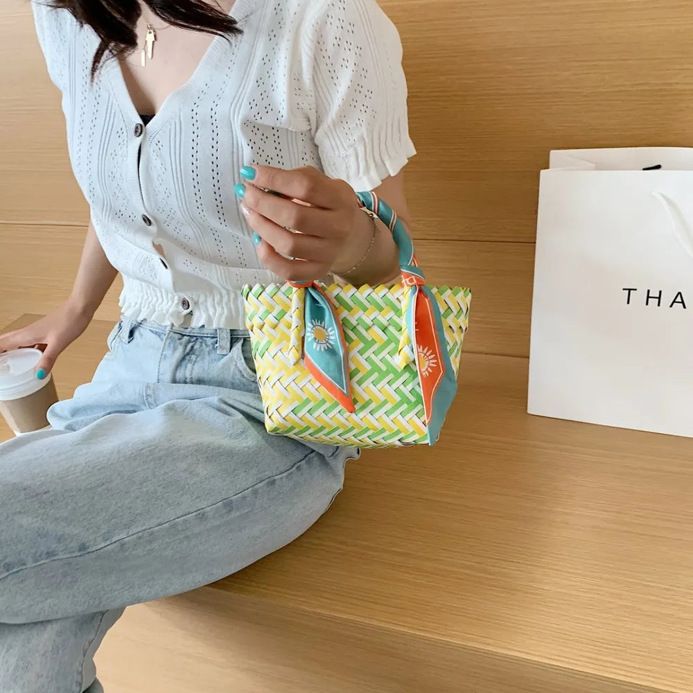 Contrast Woven Handbag with Ribbon Carauana Store