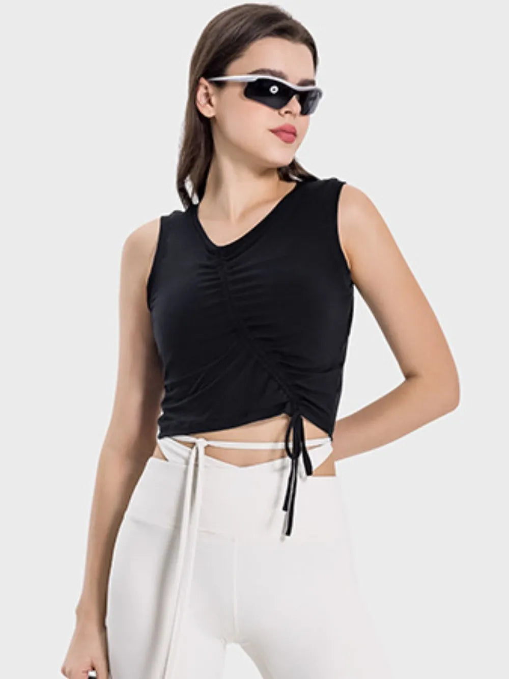 Millennia Drawstring Ruched Wide Strap Active Tank Carauana Store