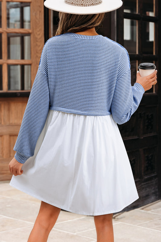 Sky Blue Stripe Patchwork Pleated High Waist Loose Mini Dress