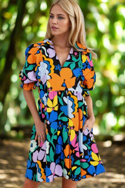 Printed Johnny Collar Half Sleeve Mini Dress Carauana Store