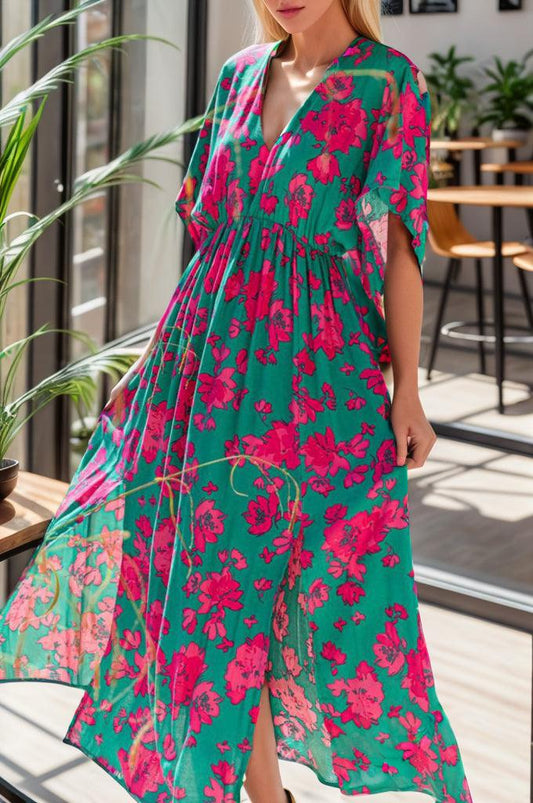 Printed V-Neck Midi Slit Dress Carauana Store