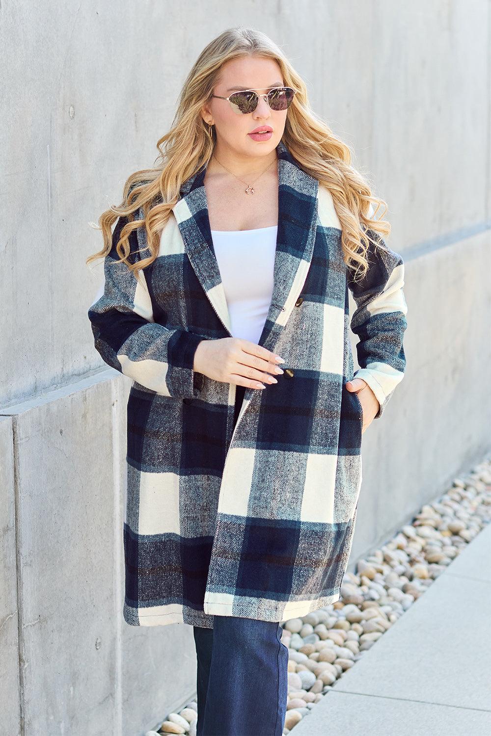 Double Take Full Size Plaid Button Up Lapel Collar Coat Carauana Store