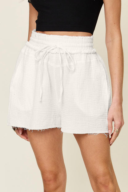 Double Take Full Size Texture Raw Trim Drawstring Shorts Carauana Store