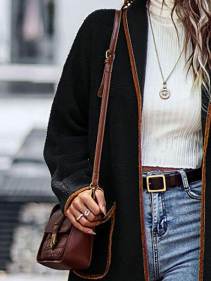 Full Size Contrast Trim Long Sleeve Coat with Pockets Carauana Store