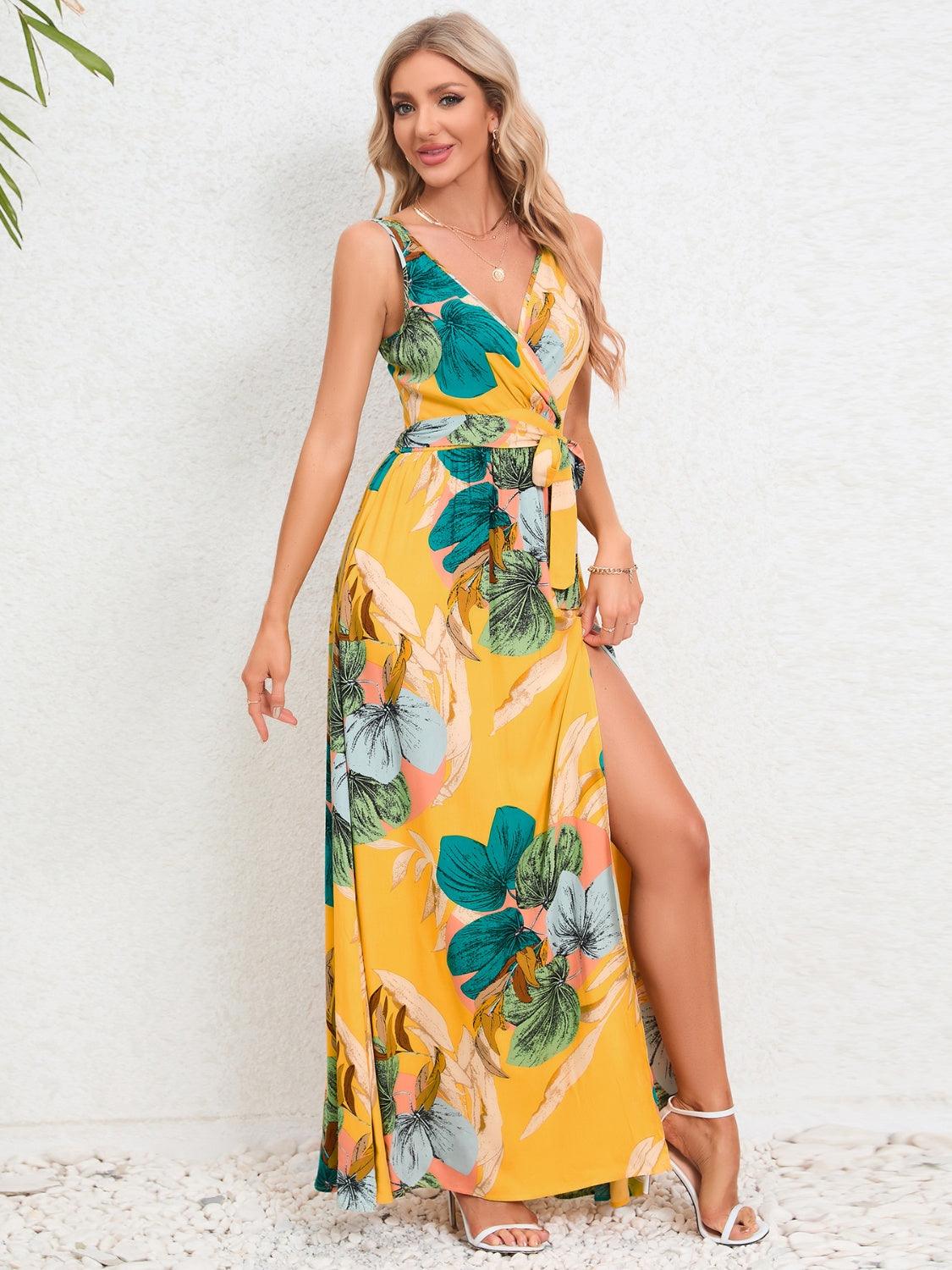 Slit Tied Printed Surplice Dress Carauana Store