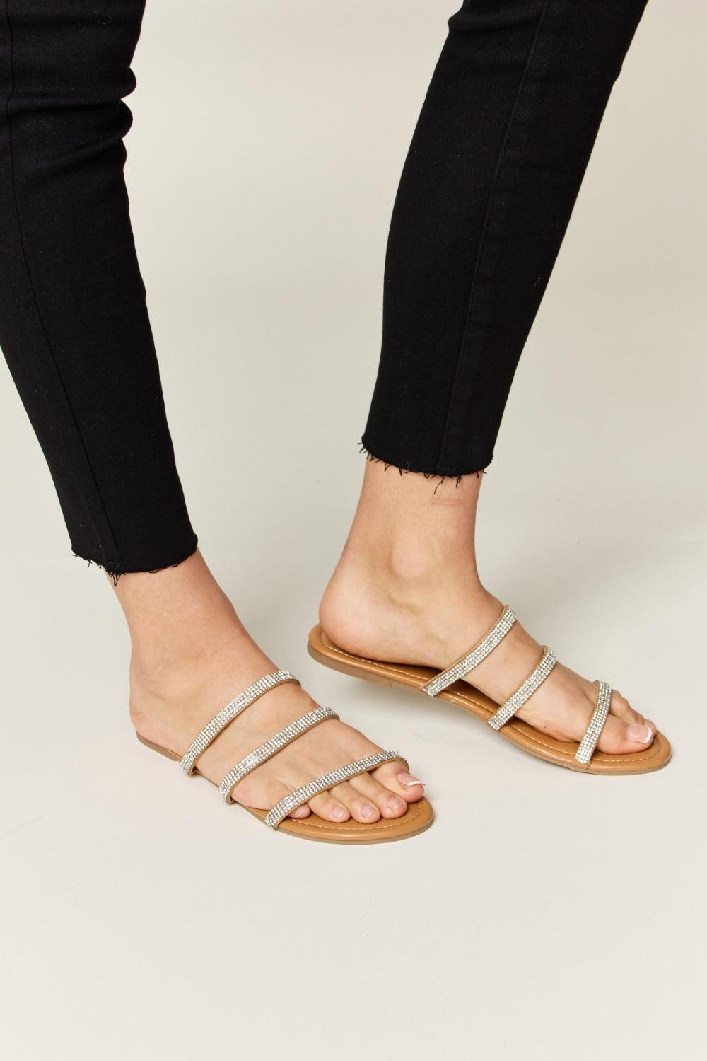 WILD DIVA Rhinestone Three-Strap Flat Sandals Carauana Store