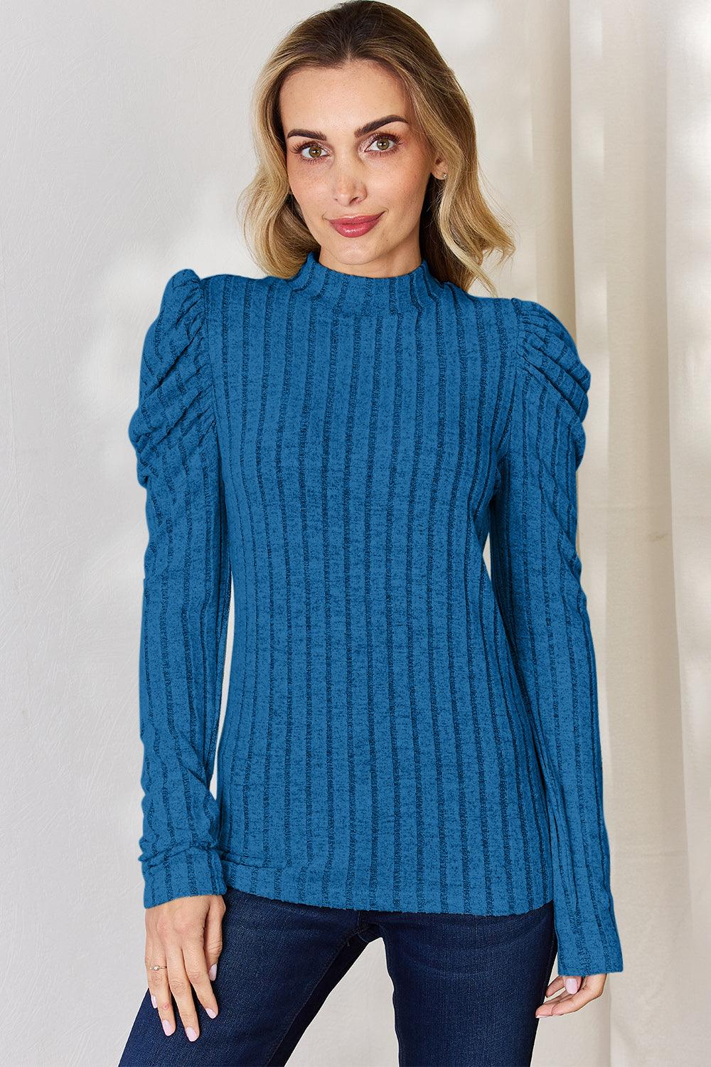 Basic Bae Full Size Ribbed Mock Neck Puff Sleeve T-Shirt Carauana Store