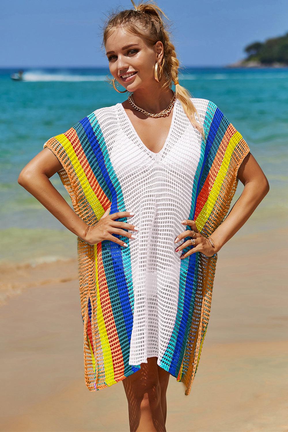 Double Take Openwork Striped Slit Knit Cover Up Carauana Store