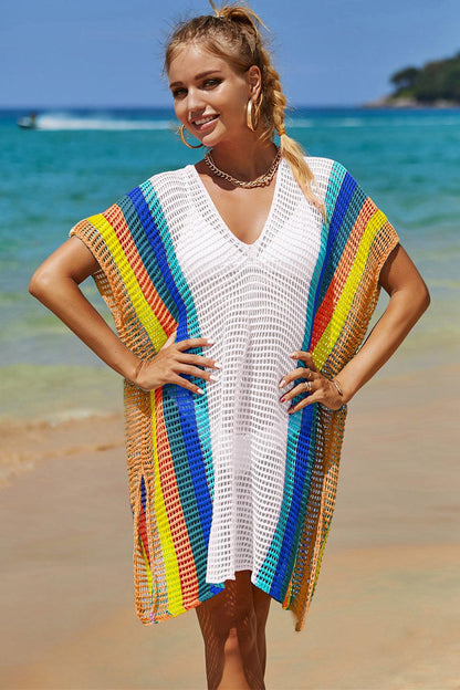 Double Take Openwork Striped Slit Knit Cover Up Carauana Store