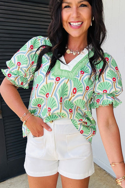 Green Floral Print Ricrac Trim Contrast V Neck Bubble Sleeve Summer Blouse