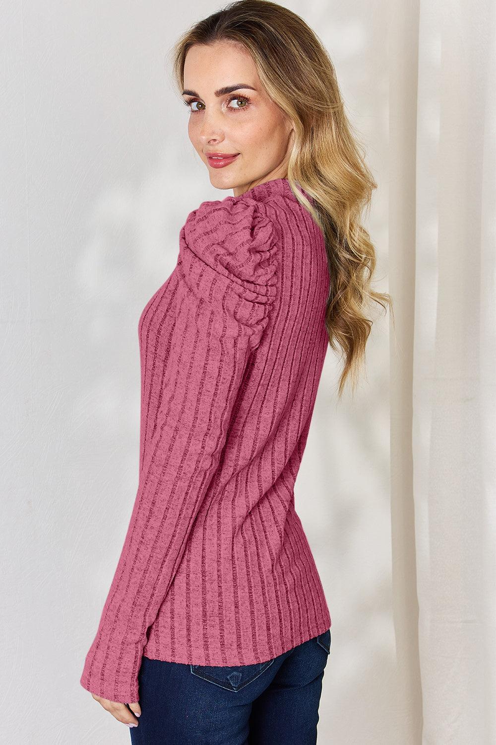 Basic Bae Full Size Ribbed Mock Neck Puff Sleeve T-Shirt Carauana Store