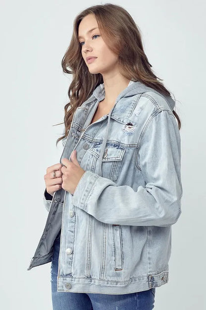 RISEN Full Size Distressed Drawstring Hooded Denim Jacket Carauana Store