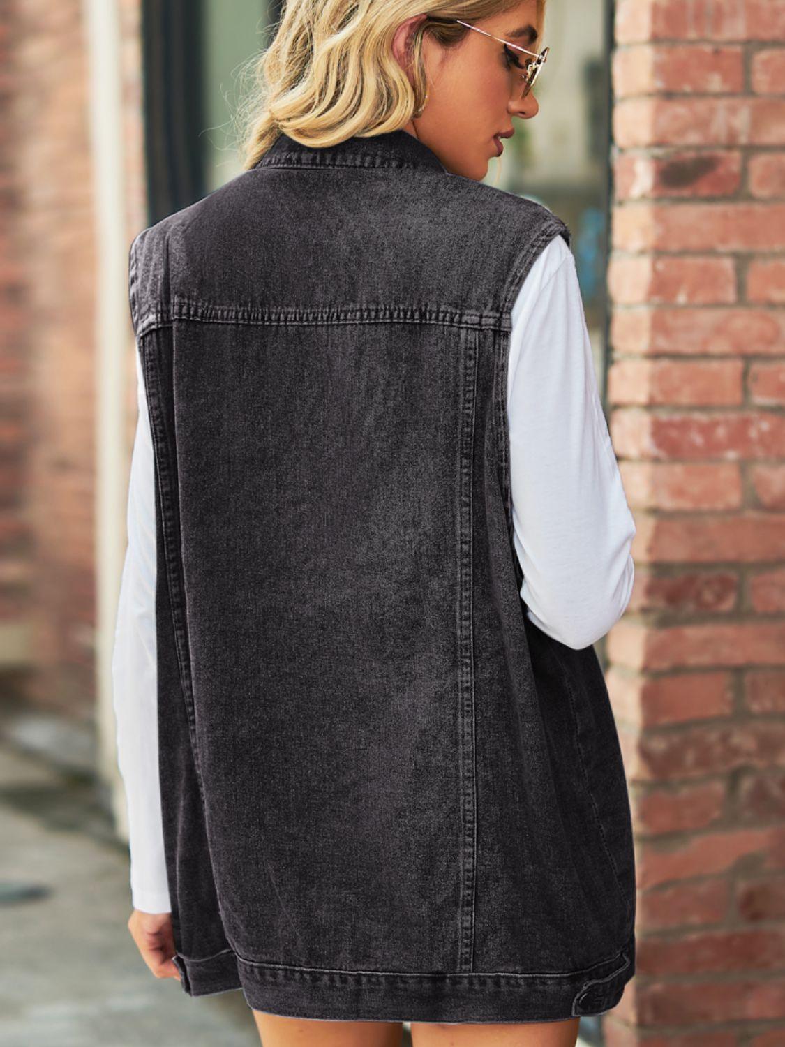 Collared Neck Sleeveless Denim Top with Pockets Carauana Store