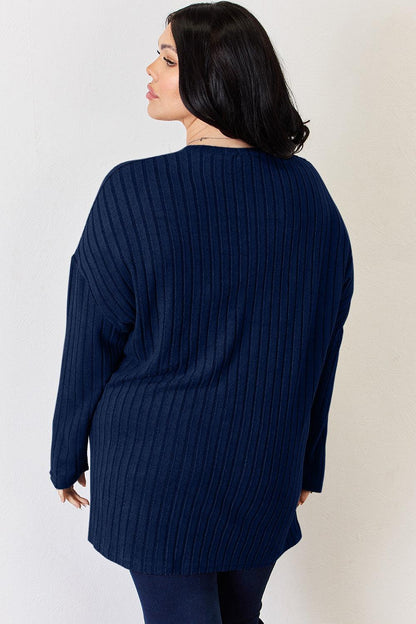 Basic Bae Full Size Ribbed Half Button Long Sleeve High-Low T-Shirt Carauana Store