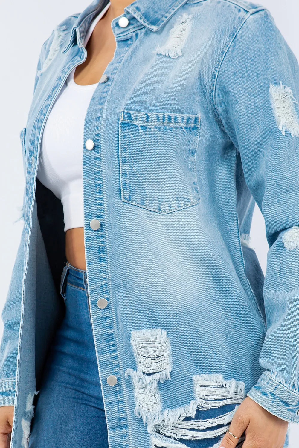 American Bazi Distressed Button Up Long Sleeve Denim Jacket Carauana Store