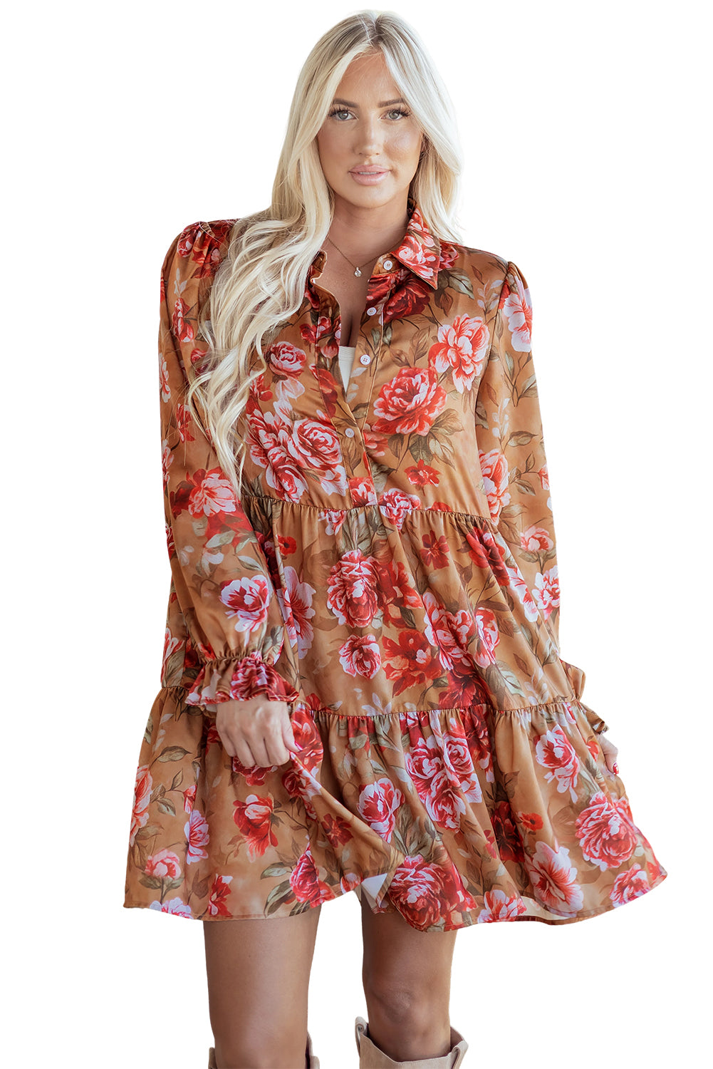 Brown Vintage Floral Print Shirt Style Half Button Long Sleeve Ruffle Mini Dress