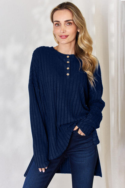 Basic Bae Full Size Ribbed Half Button Long Sleeve High-Low T-Shirt Carauana Store