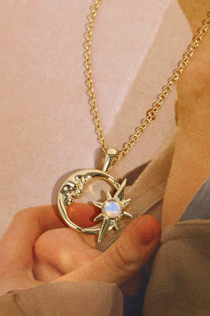 Copper 14K Gold-Plated Moon & Star Shape Pendant Necklace Carauana Store