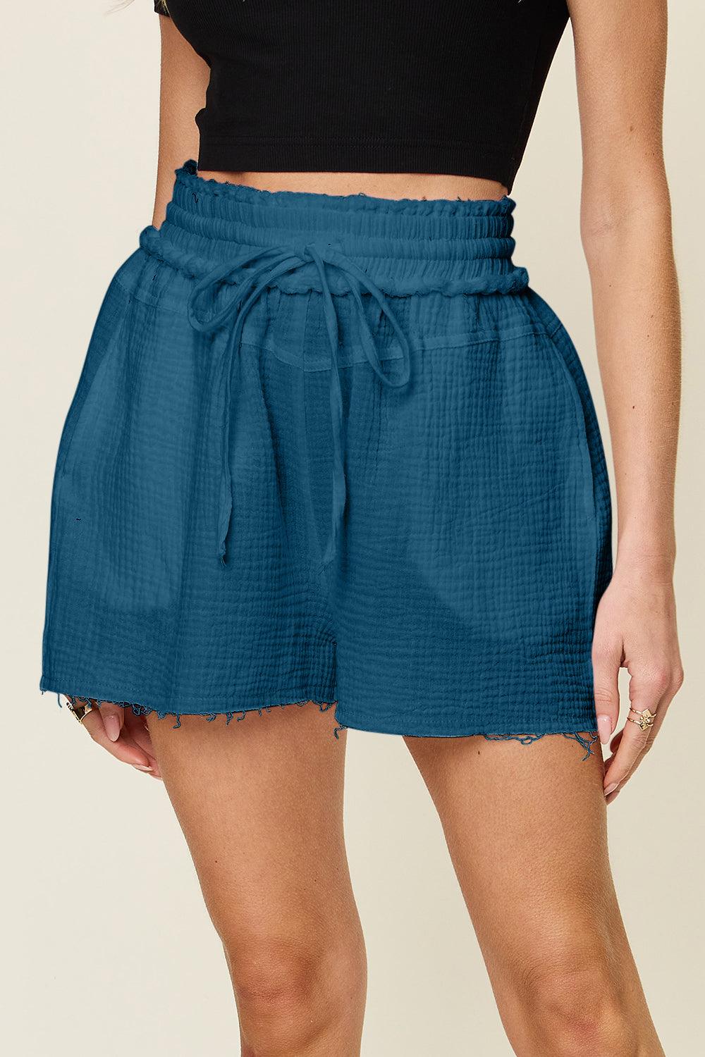 Double Take Full Size Texture Raw Trim Drawstring Shorts Carauana Store
