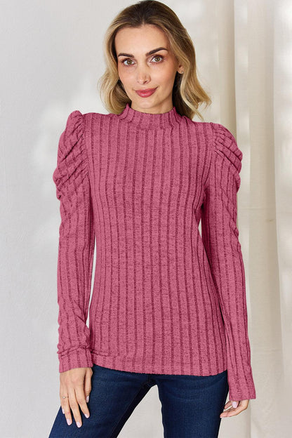 Basic Bae Full Size Ribbed Mock Neck Puff Sleeve T-Shirt Carauana Store