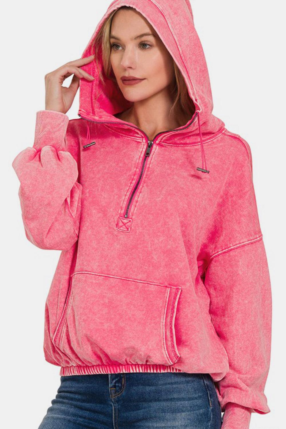 Zenana Drawstring Half Zip Dropped Shoulder Hoodie Carauana Store