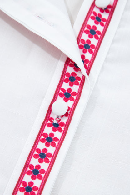 White Floral Embroidered Puff Long Sleeve Casual Shirt