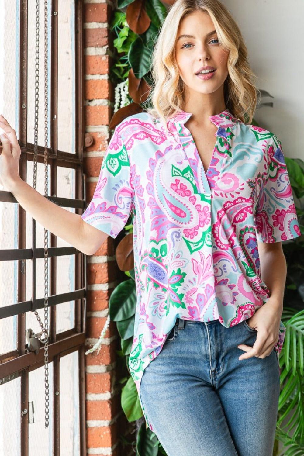Heimish Full Size Paisley Print Short Sleeve Top Carauana Store