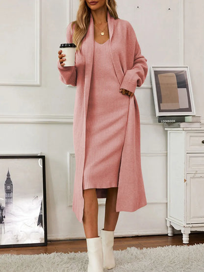 V-Neck Cami Dress and Open Front Cardigan Sweater Set Carauana Store