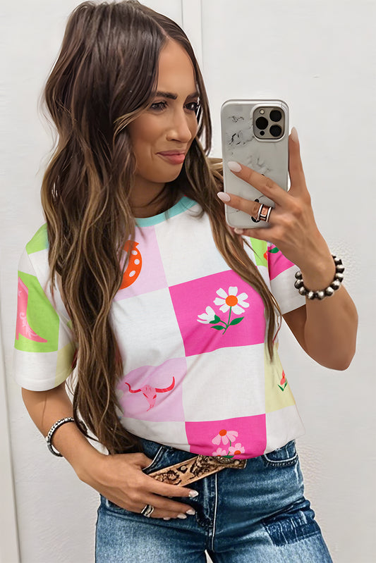 Purple Western Fashion Checker Print Crewneck T Shirt