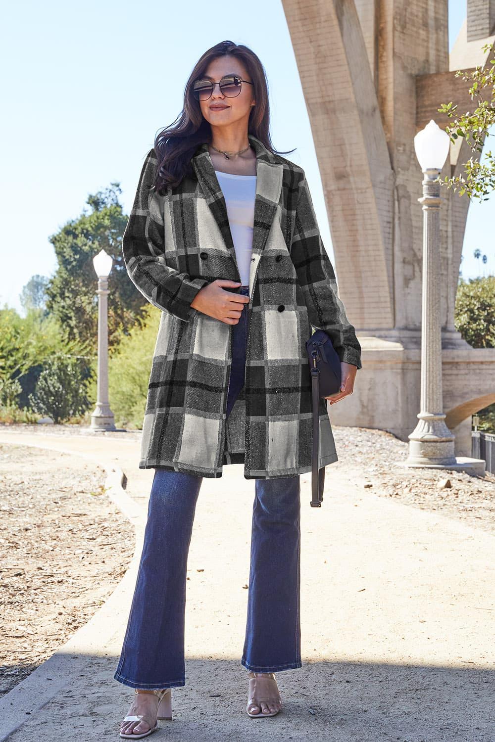Double Take Full Size Plaid Button Up Lapel Collar Coat Carauana Store