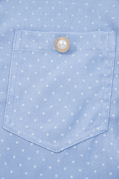 Beau Blue Lace Trim Patchwork Dotted Print Collared Denim Blouse