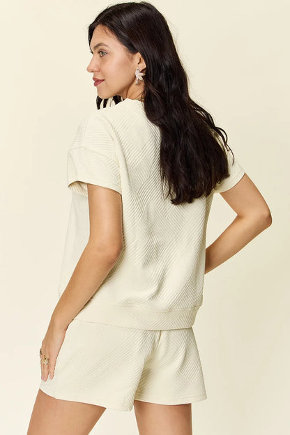 Double Take Full Size Texture Short Sleeve T-Shirt and Drawstring Shorts Set Carauana Store